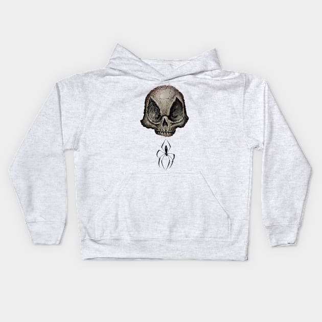 Spider on a Skull Hanging Out Kids Hoodie by Hutchew